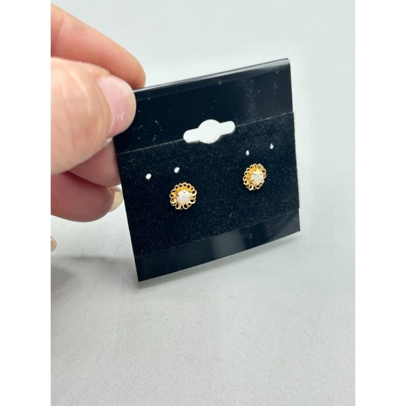 Petite Studs Earrings 14K Yellow Gold & Genuine Opals Pierced Child Girl Jewelry - Picture 3 of 9
